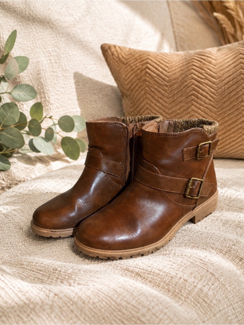 wonder nation Brown Faux-Leather Kids Ankle Boots with Buckle Straps